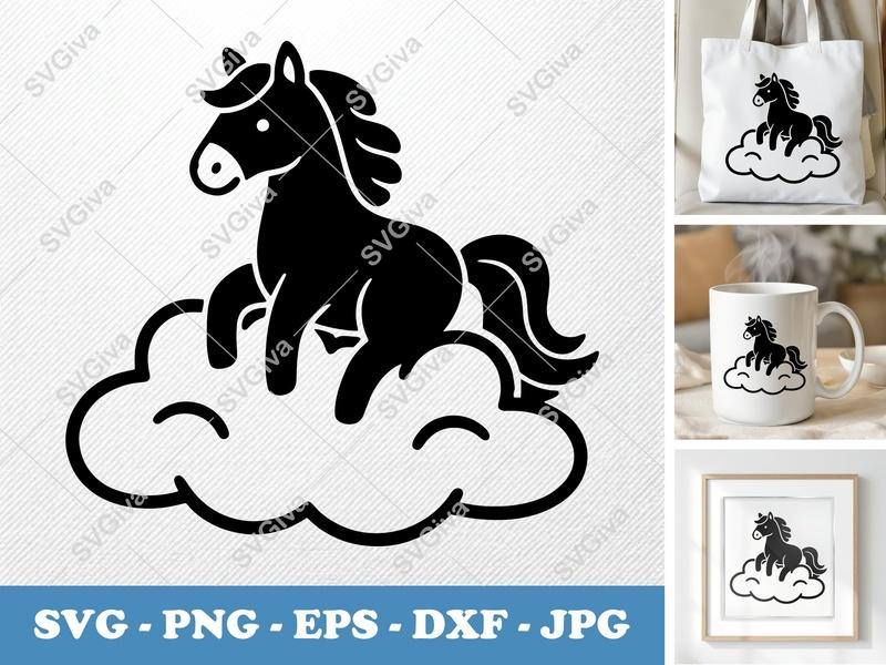 Horse on Cloud SVG | Cute Animal Design PNG EPS DXF | Cricut Silhouette Cut File