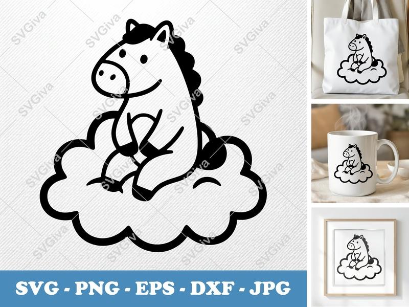 Horse on Cloud SVG, Cute Cartoon Pony PNG, EPS, DXF | Cricut, Silhouette Cut File, Digital Download