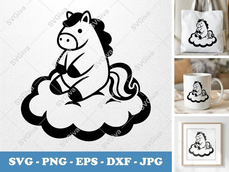 Horse on Cloud SVG | Cute Pony PNG EPS DXF for Cricut & Silhouette | Animal Vector Art