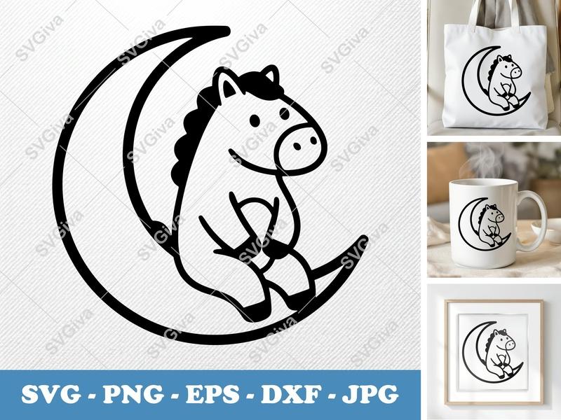 Horse on Moon SVG, Cute Baby Pony PNG, EPS, DXF Cut File for Cricut & Silhouette, Nursery Decor Clipart