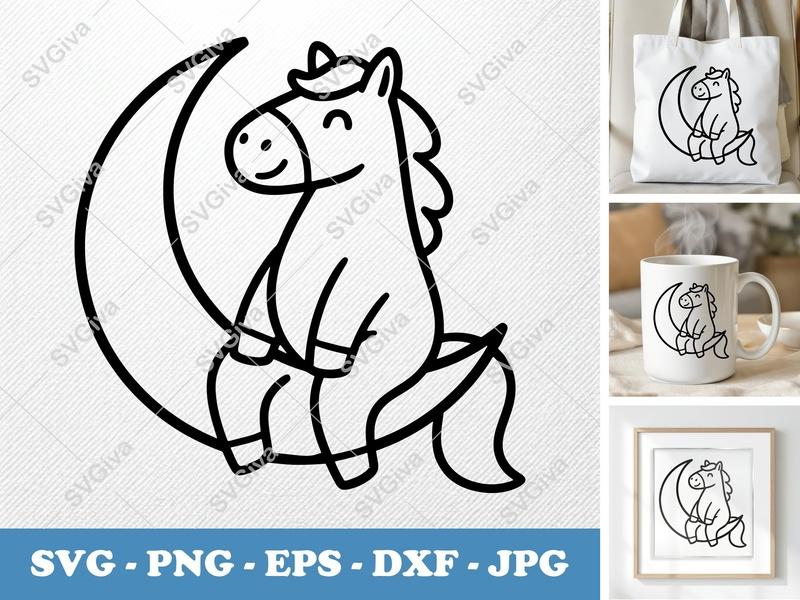Horse on Moon SVG, Cute Celestial Pony PNG EPS DXF | Cricut & Silhouette Cut File, Modern Animal Clipart