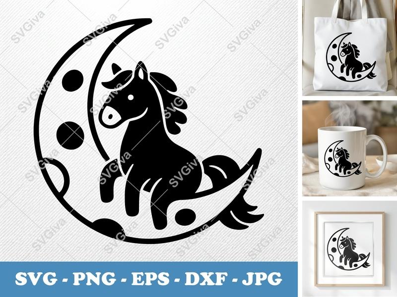 Horse on Moon SVG, Cute Celestial Pony PNG, EPS, DXF | Cricut, Silhouette Cut File, Modern Design