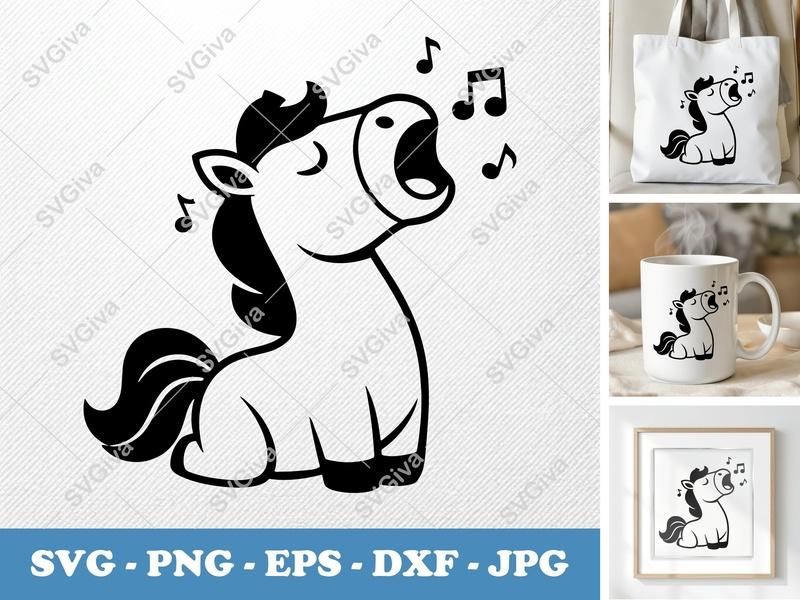 Horse Singing SVG | Musical Pony PNG, EPS, DXF | Cute Animal Cut File for Cricut, Silhouette | Modern Design