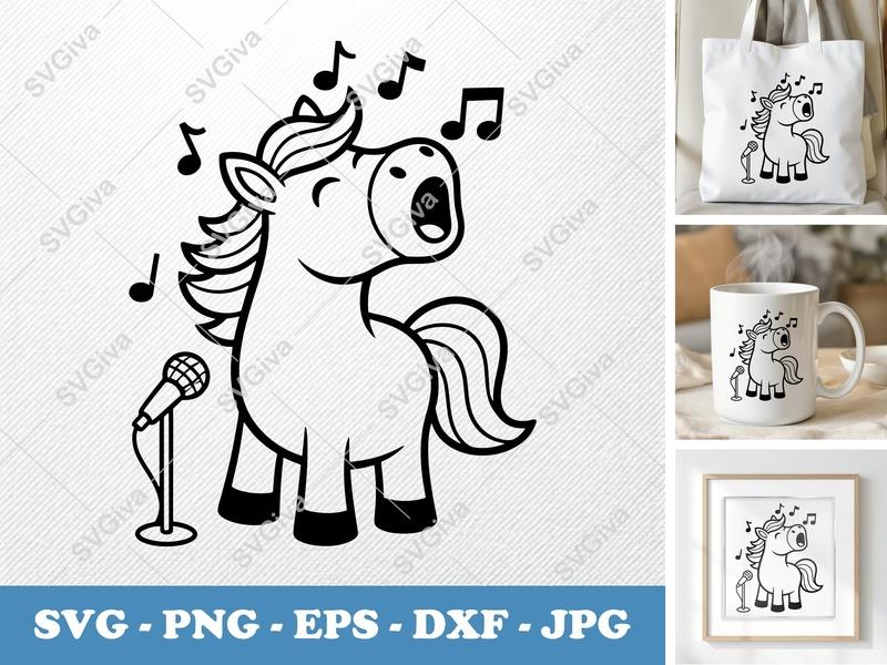 Horse Singing SVG, Pony Mic Music Notes PNG EPS DXF | Cute Animal Cut File for Cricut, Silhouette, Shirt Design