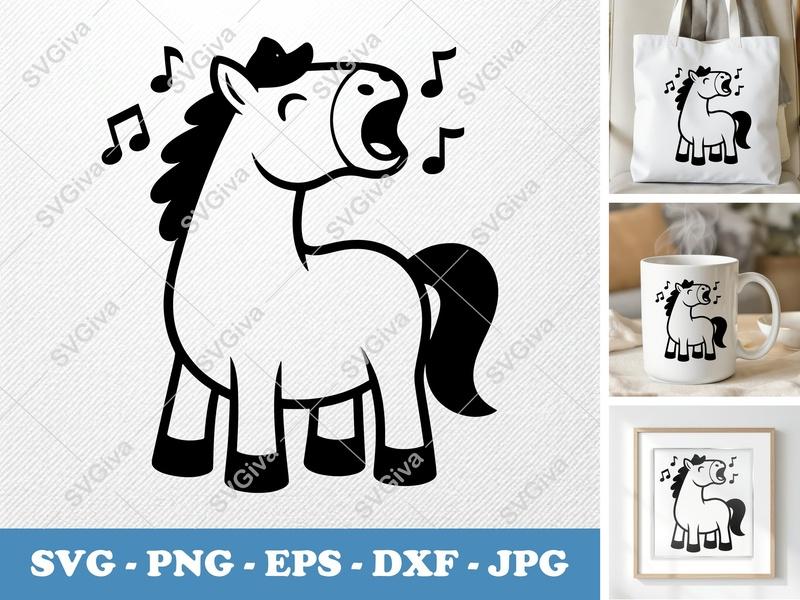 Horse Singing SVG | Puffy Cartoon Design | PNG DXF EPS | Cricut Silhouette | Soft Shapes