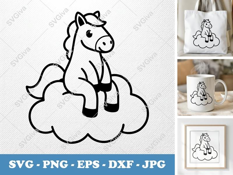 Horse Sitting on Cloud SVG | Puffy Shapes, Pillow-Soft Forms | PNG DXF EPS | Cricut Silhouette File