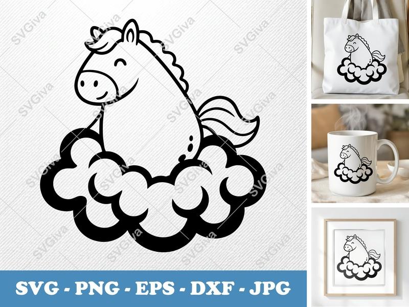 Horse Sitting on Cloud SVG | Puffy Soft Forms | Kawaii Cute Outline | PNG DXF EPS | Cricut Silhouette File