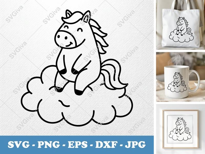 Horse Sitting on Cloud SVG, Rounded Bean-Shaped Cut File | PNG DXF EPS | Cricut Silhouette Friendly Design
