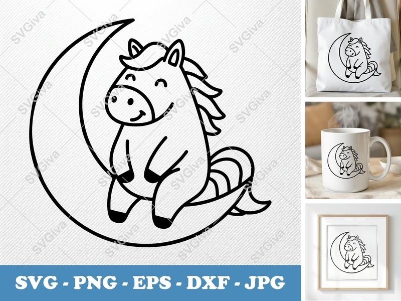Horse Sitting on Moon SVG | Friendly Bean-Shaped Cut File | PNG DXF EPS | Cricut Silhouette Vector