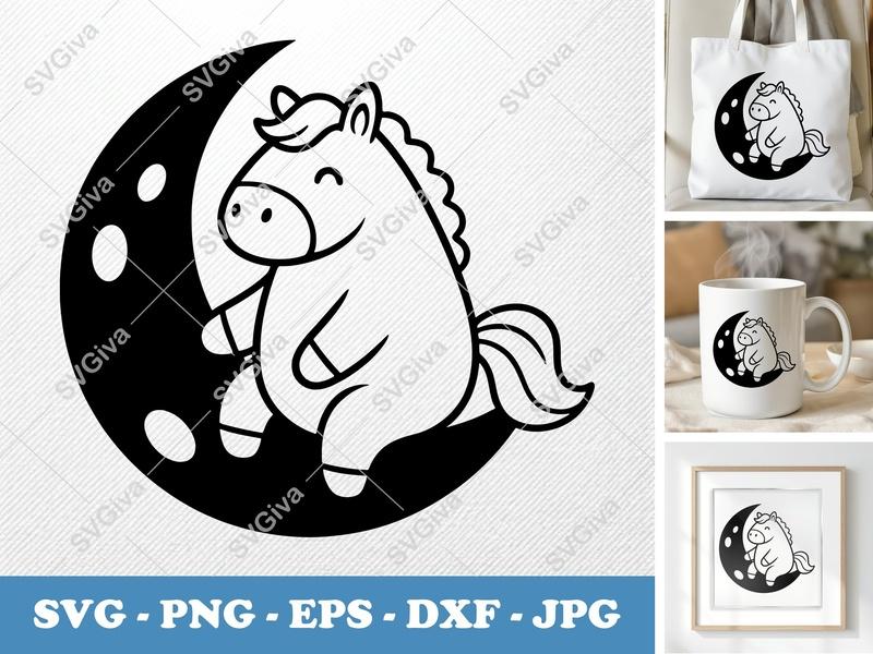 Horse Sitting on Moon SVG | Puffy Cartoon Design Soft Shapes | PNG DXF EPS | Cricut Silhouette File