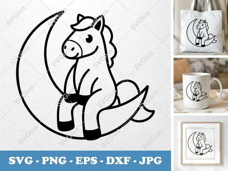 Horse Sitting on Moon SVG | Puffy Pillow Soft Shapes | PNG DXF EPS | Cricut Silhouette File