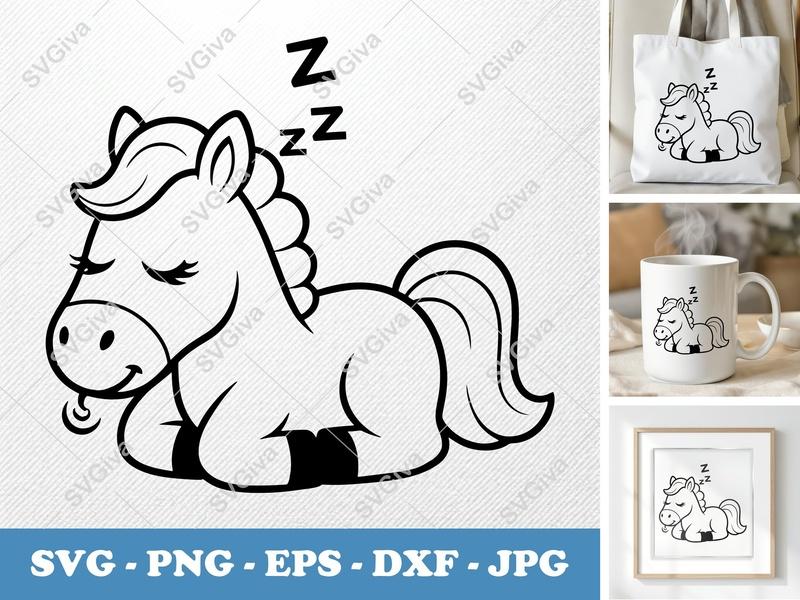 Horse Sleeping SVG, Cute Pony PNG, EPS, DXF | Baby Animal Dream Cricut File | Silhouette Cut Design | Cartoon Foal