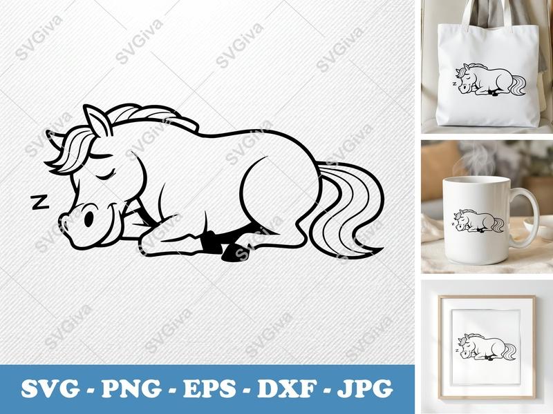 Horse Sleeping SVG, Cute Pony PNG, EPS, DXF | Farm Animal Vector Cut File for Cricut, Silhouette
