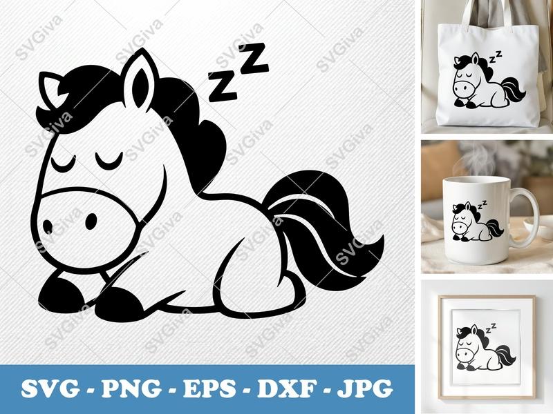 Horse Sleeping SVG, Cute Pony PNG, Modern Cartoon EPS, DXF | Cricut & Silhouette Cut File | Baby Shower Design
