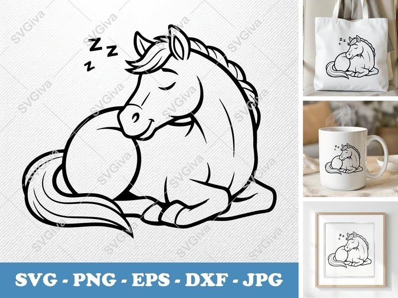Horse Sleeping SVG PNG DXF EPS | Cute Horse Cut File Cricut Silhouette