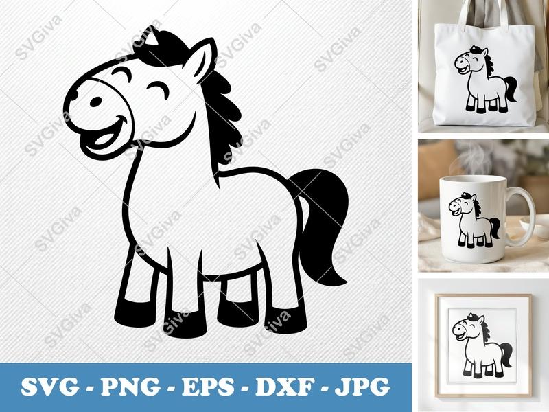 Horse Smiling Happily SVG | Puffy Cartoon Horse PNG DXF EPS | Cricut Silhouette File
