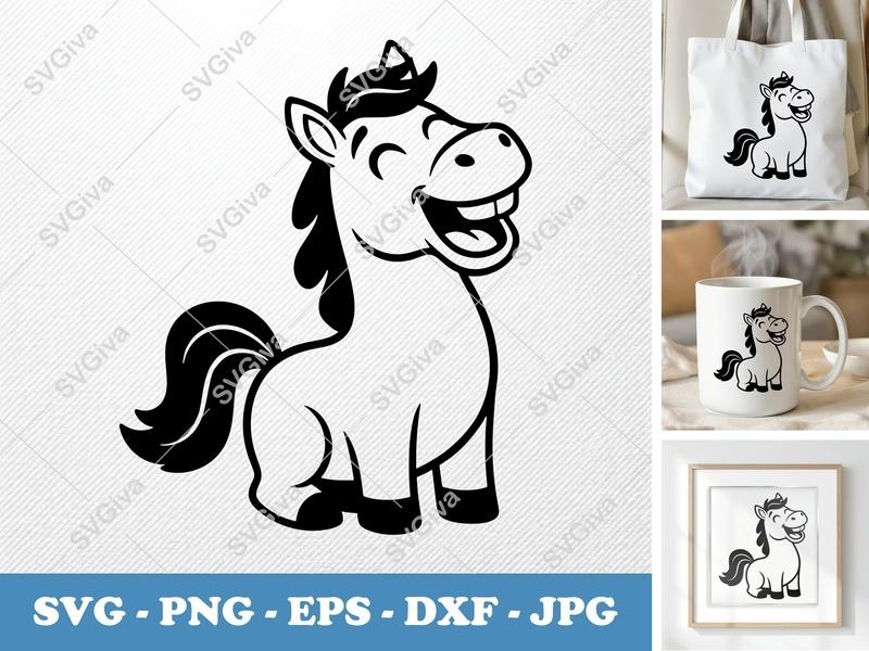 Horse Smiling Happily SVG | Rounded Cartoon Cut File | Friendly Bean-Shaped Forms | PNG DXF EPS | Cricut Silhouette