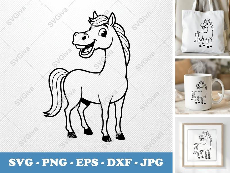 Horse SVG, Cartoon Happy Horse Outline, Farm Animal PNG EPS DXF, Cricut Silhouette Cut File, Kids Craft Design