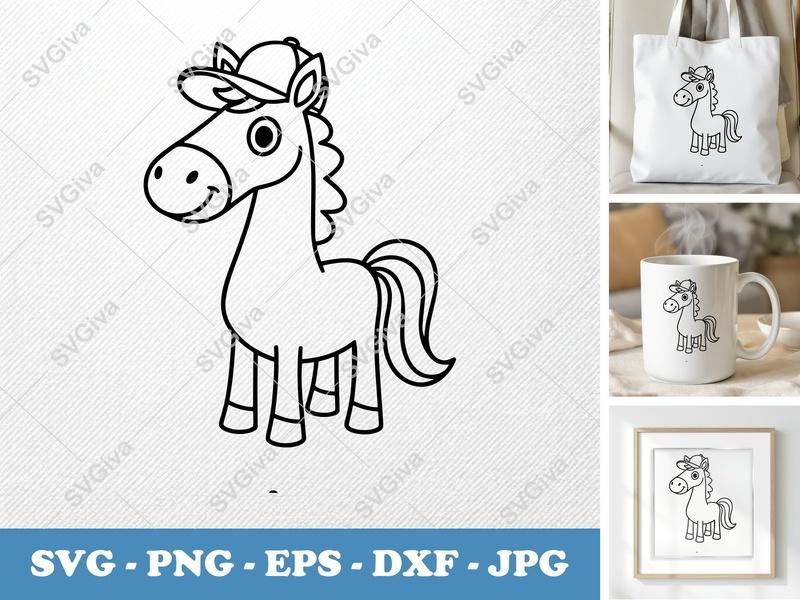 Horse SVG, Cartoon Horse with Hat, Cute Pony Vector, Farm Animal PNG, EPS, DXF for Cricut & Silhouette Crafting