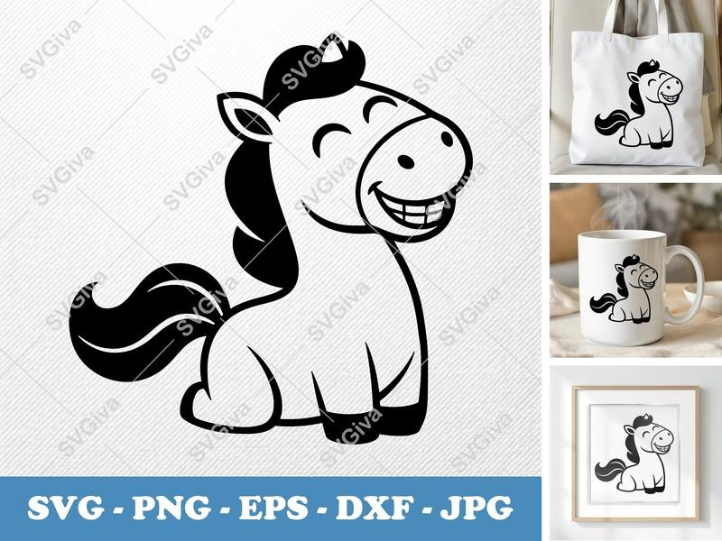 Horse SVG | Cartoon Pony Cut File | Happy Farm Animal Design | PNG EPS DXF for Cricut Silhouette