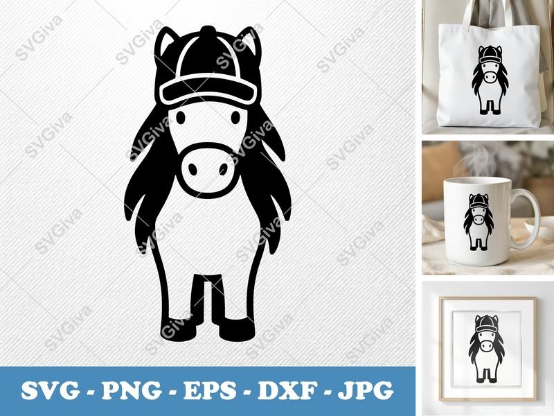 Horse SVG | Cute Cartoon Foal with Jockey Hat | Modern Animal PNG EPS DXF for Cricut & Silhouette