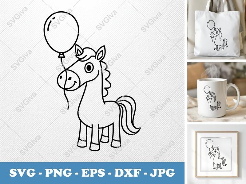 Horse SVG, Cute Cartoon Pony with Balloon, Kids Animal Line Art PNG EPS DXF for Cricut, Silhouette, Digital Download