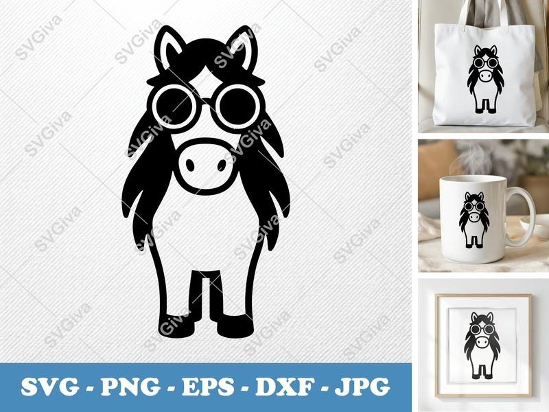 Horse SVG, Cute Cartoon Pony with Glasses | PNG EPS DXF | Cricut Silhouette Cut File