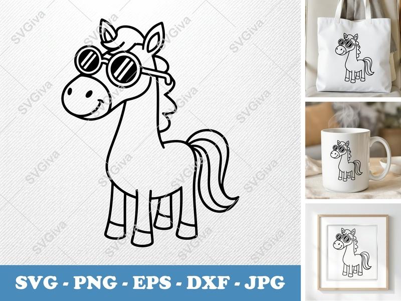 Horse SVG, Cute Cartoon Pony with Sunglasses, Modern Clean Design | PNG EPS DXF for Cricut & Silhouette
