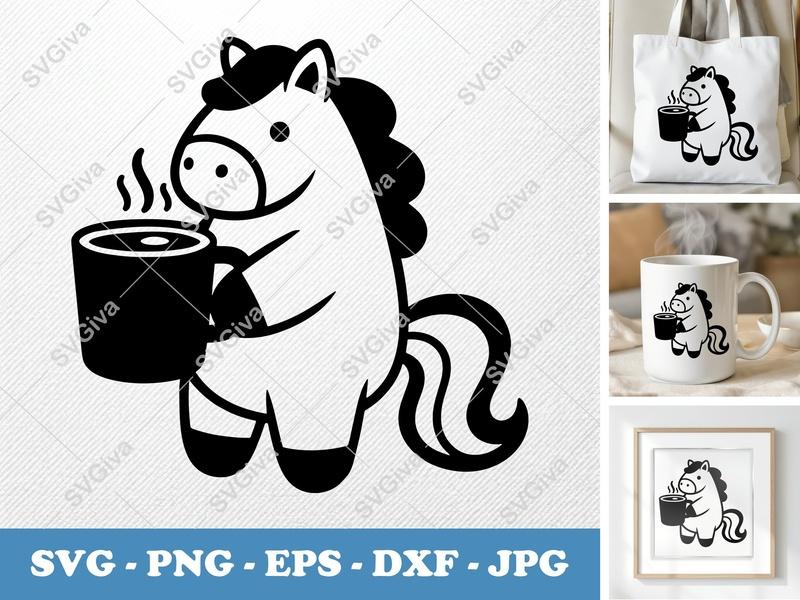 Horse SVG, Cute Coffee Mug Design, Cartoon Pony Digital File, PNG EPS DXF for Cricut & Silhouette, Animal Hot Drink Clipart