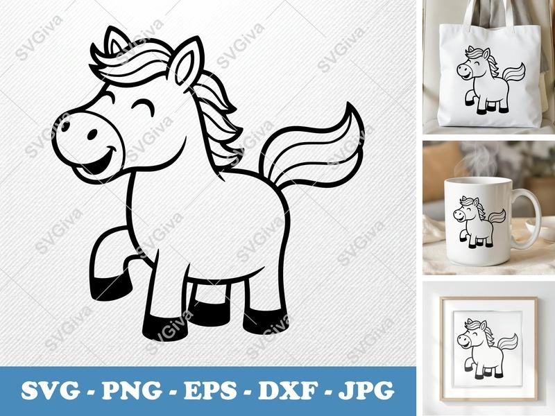 Horse SVG | Cute Foal Clipart Outline | Cartoon Pony Vector Cut File for Cricut, Silhouette | PNG, EPS, DXF