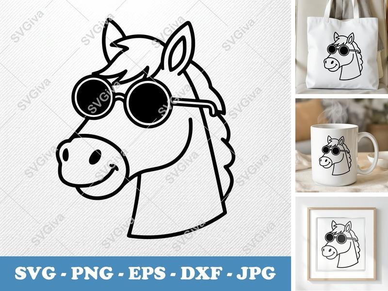 Horse Wearing Sunglasses SVG | Friendly Rounded Cartoon Style | PNG DXF EPS | Cricut Silhouette Cut File