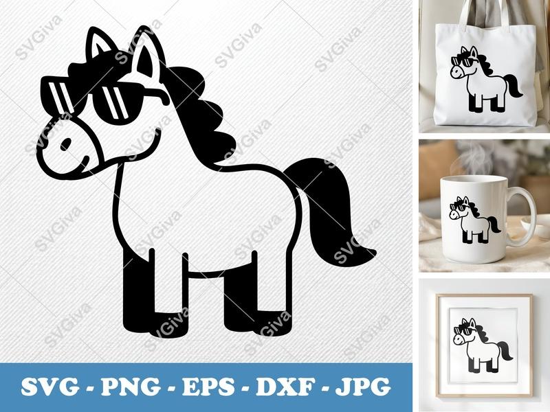 Horse Wearing Sunglasses SVG | Puffy Cartoon Style | Inflated Pillow Soft Design | PNG DXF EPS for Cricut Silhouette