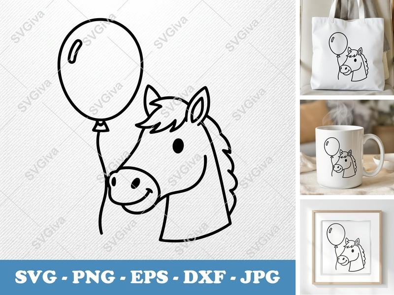Horse with Balloon SVG | Friendly Bean-Shaped Cut File | PNG, DXF, EPS for Cricut, Silhouette
