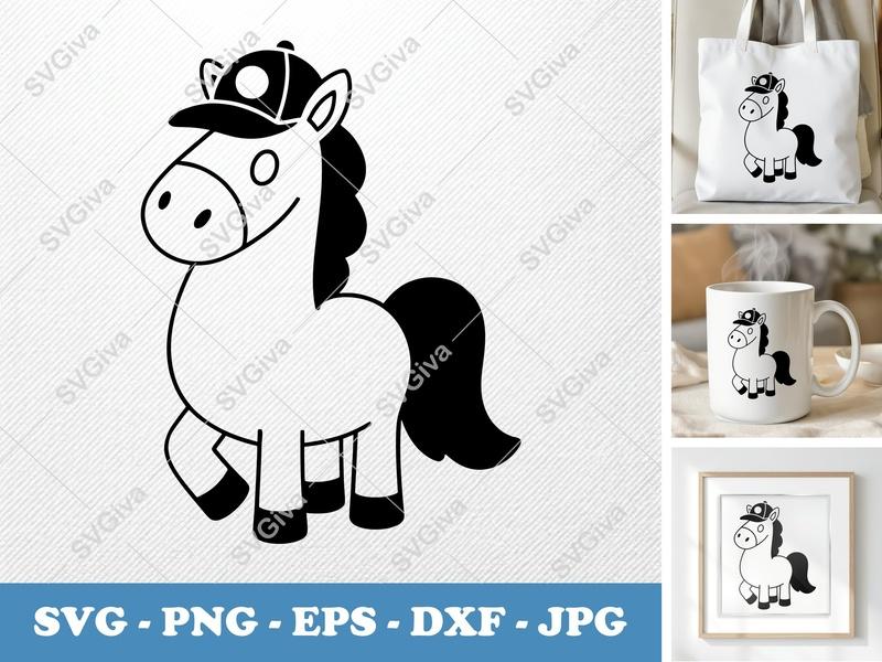 Horse with Cap SVG, Modern Pony Cut File for Cricut, Silhouette | Cute Animal PNG EPS DXF Vector Clipart