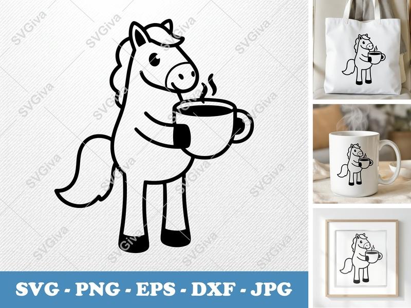 Horse with Coffee Cup SVG | Puffy Pillow Soft Shapes | PNG DXF EPS | Cricut Silhouette File