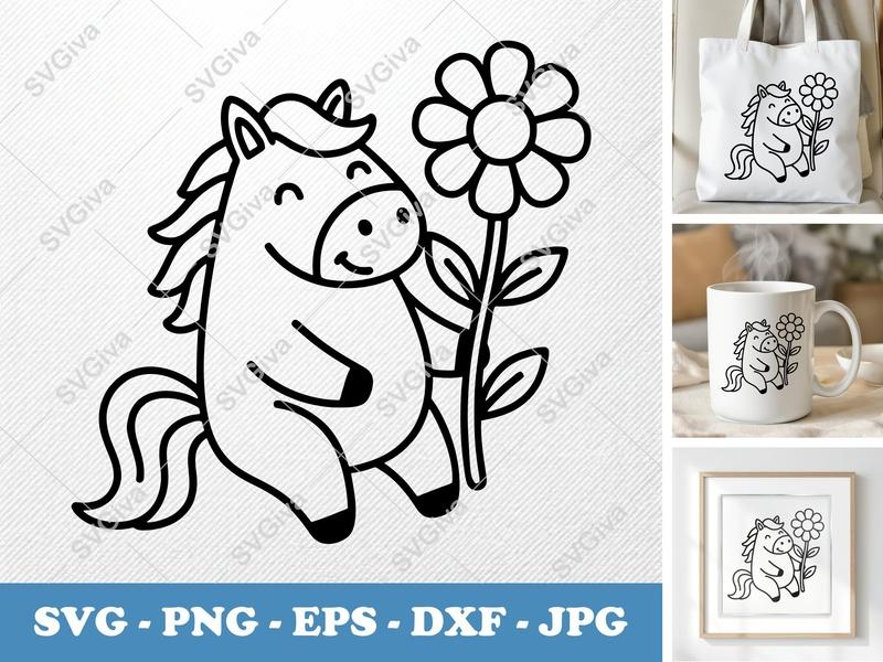 Horse with Flower SVG | Friendly Rounded Body Bean-Shaped Forms | PNG DXF EPS for Cricut Silhouette