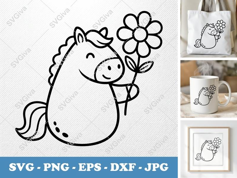 Horse with Flower SVG | Puffy Cartoon Style Digital Cut File | PNG DXF EPS for Cricut Silhouette