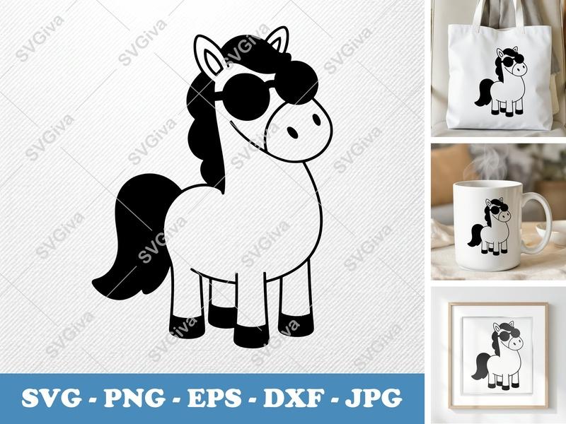 Horse with Sunglasses SVG | Cool Cartoon Pony PNG EPS DXF for Cricut & Silhouette, Modern Animal Cut File