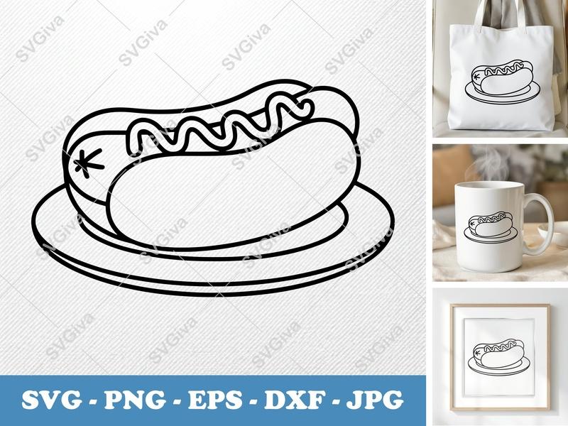 Hot Dog on a Plate SVG PNG DXF EPS | Cricut Silhouette Food Cut File | Kitchen Vector Art