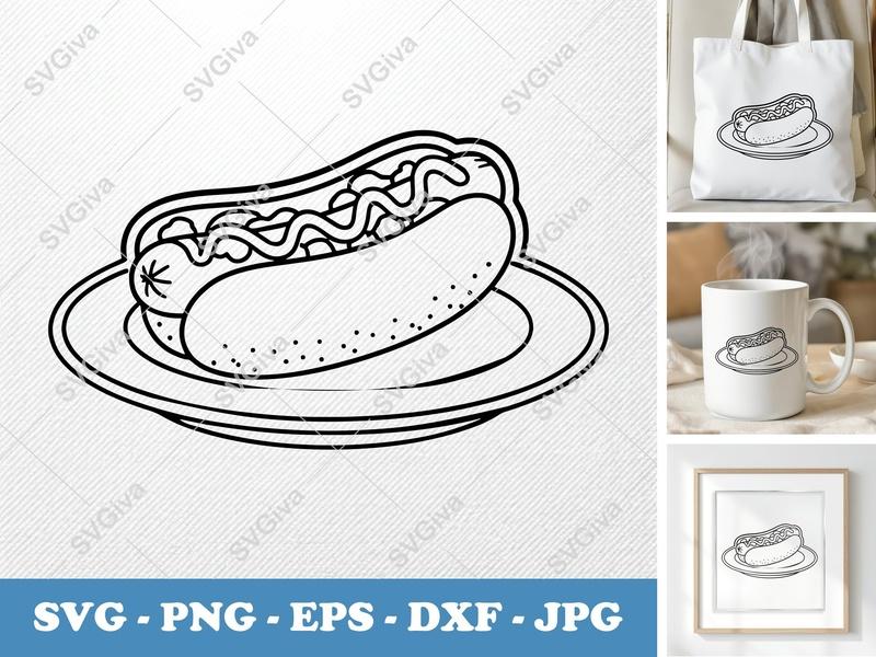 Hot Dog on a Plate SVG PNG DXF EPS Cut File for Cricut Silhouette | Food Kitchen Vector