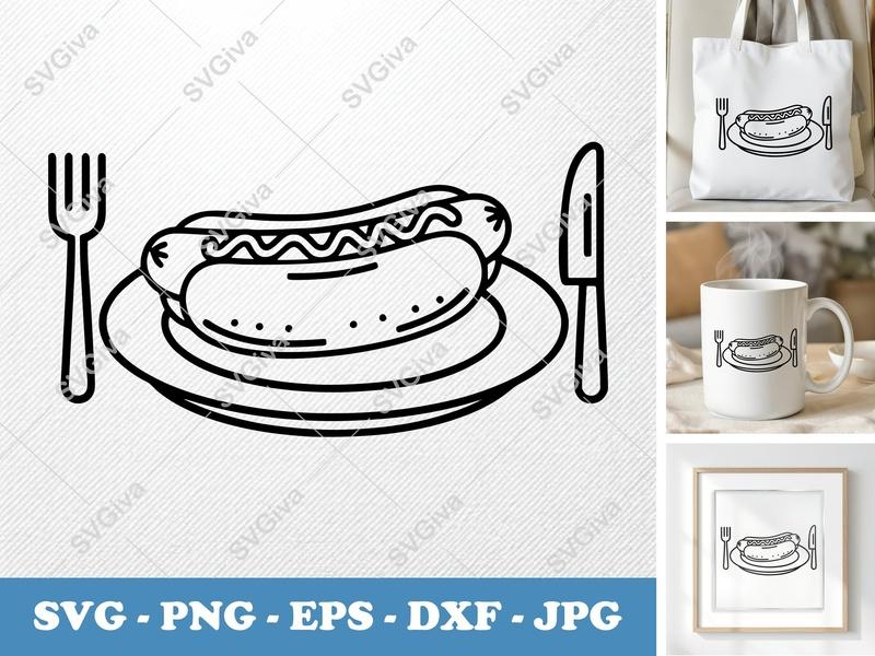 Hot Dog on a Plate SVG PNG DXF EPS | Food Cut File Cricut Silhouette | Kitchen Decor Vector Graphic