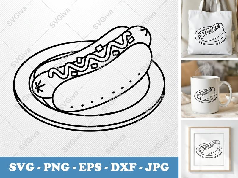 Hot Dog on a Plate SVG PNG DXF EPS | Food Cut File for Cricut Silhouette | Kitchen Decor Vector