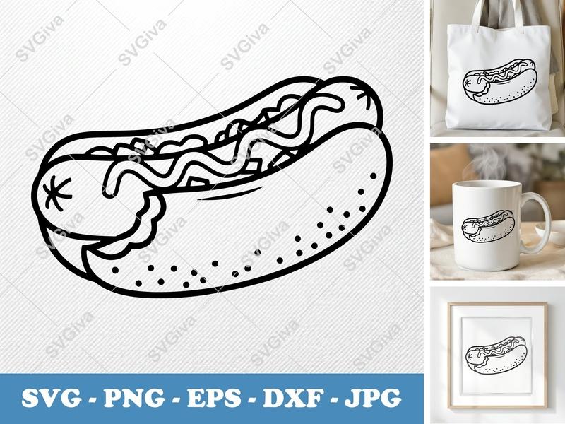 Hot Dog SVG, Modern Clean Line Art, Ketchup Mustard Toppings, PNG EPS DXF, Cricut Silhouette Cut File, Foodie Clipart