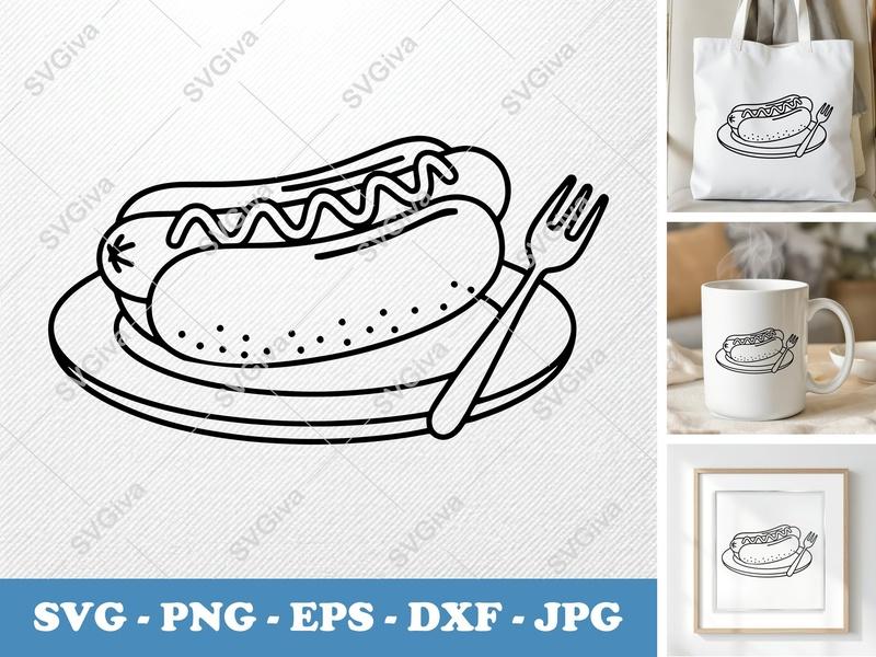 Hot Dog SVG, Modern Clean Line Art with Fork | PNG EPS DXF | Cricut Silhouette Cut File, Foodie Clipart, Fast Food Design