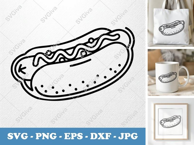 Hot Dog SVG, Modern Outline Hotdog with Mustard, PNG EPS DXF, Cricut Silhouette Cut File, Food Icon Vector Clipart
