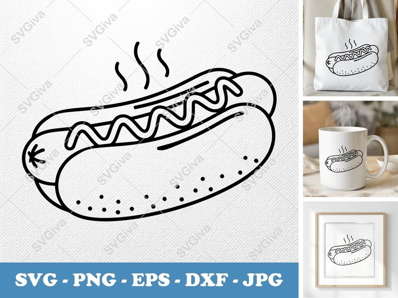 Hot Dog SVG, Modern Outline Hotdog with Mustard & Steam, PNG EPS DXF, Cricut Silhouette Cut File, Food Clipart, Summer BBQ