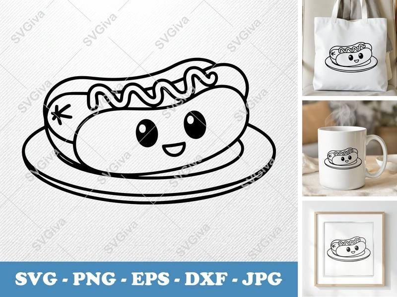 Hot Dog with Smiling Face SVG PNG DXF EPS | Food Cut File for Cricut Silhouette