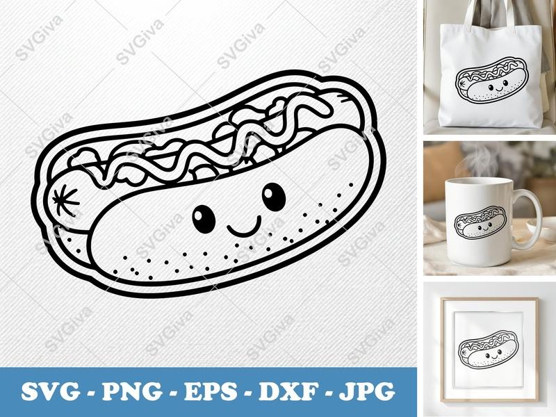 Hot Dog with Smiling Face SVG PNG DXF EPS | Kawaii Food Cut File Cricut Silhouette