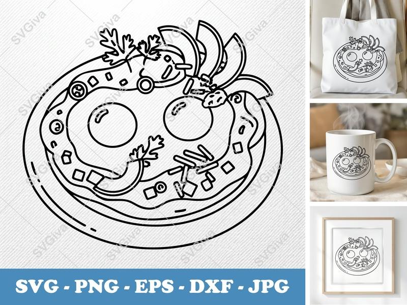 Huevos Rancheros with Garnish SVG | Double-Outline Modern Art | PNG DXF EPS | Cricut Silhouette Kitchen Decor
