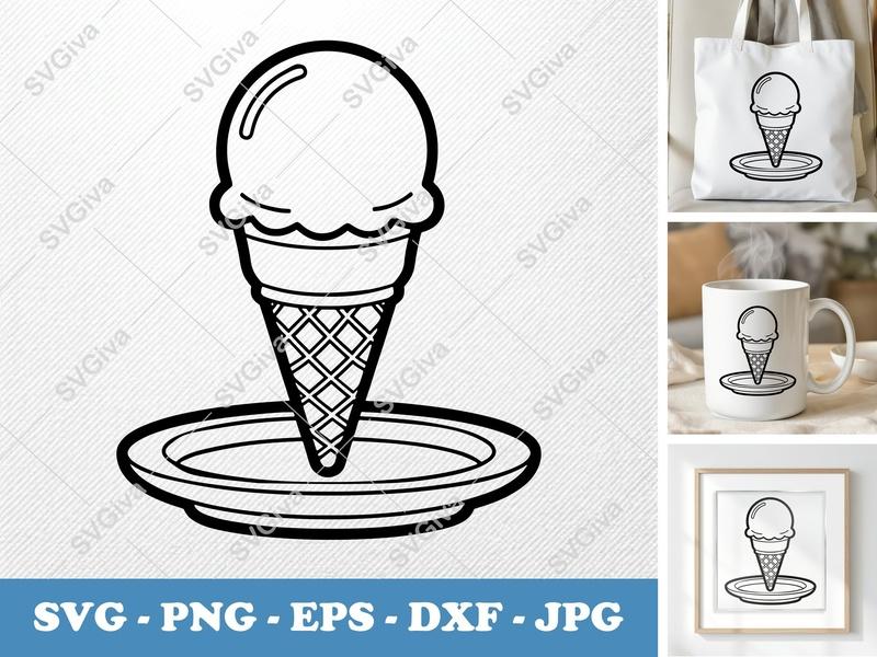 Ice Cream Cone on a plate SVG | Double-Outline Modern Design | Thick Contour Thin Lines | Basic Shapes | PNG DXF EPS | Cricut Silhouette